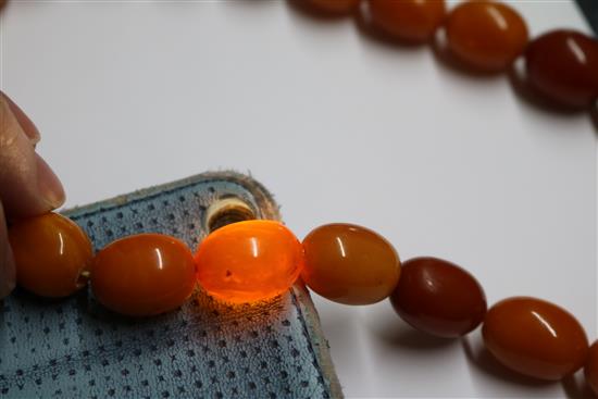 A single strand amber bead necklace, gross 53 grams, 46cm.